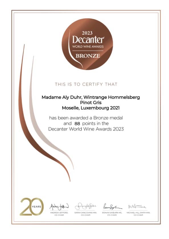 Domaine Madame Aly Duhr - - Certificate 2023 Pinot Gris 2021 Hommelsberg bronze