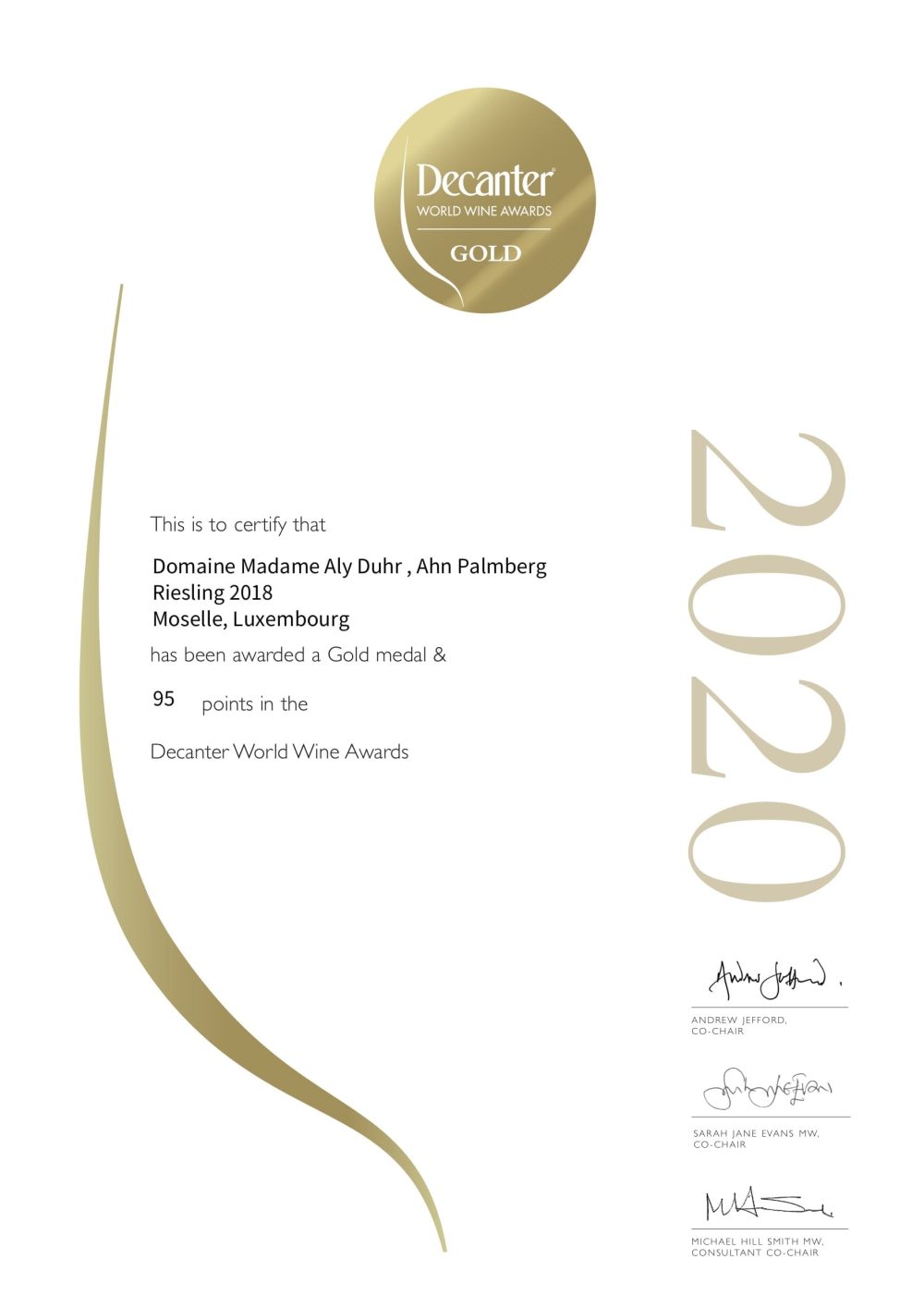 Domaine Madame Aly Duhr - - Certificate WINE108033 CEE LX DWWA2020 1