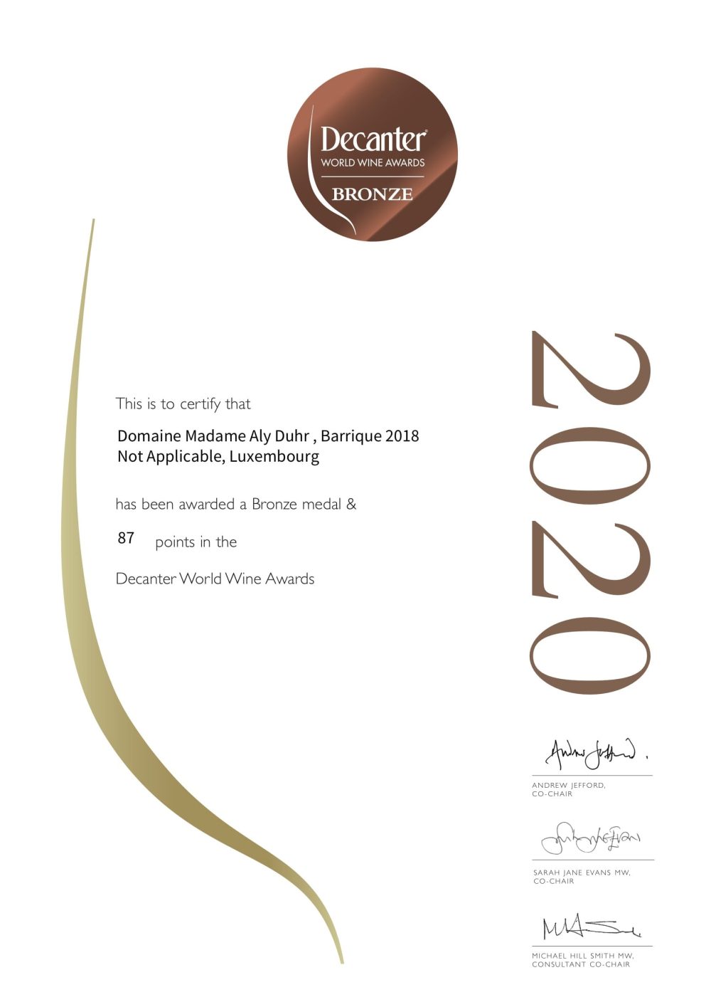 Domaine Madame Aly Duhr - - Certificate WINE108036 CEE LX DWWA2020 1