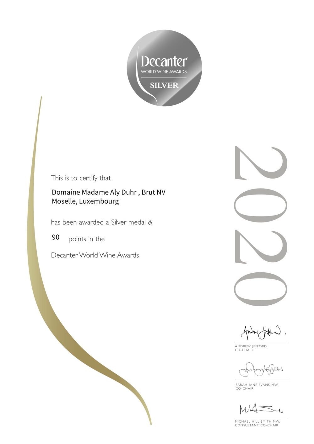 Domaine Madame Aly Duhr - - Certificat WINE108039 CEE LX DWWA2020