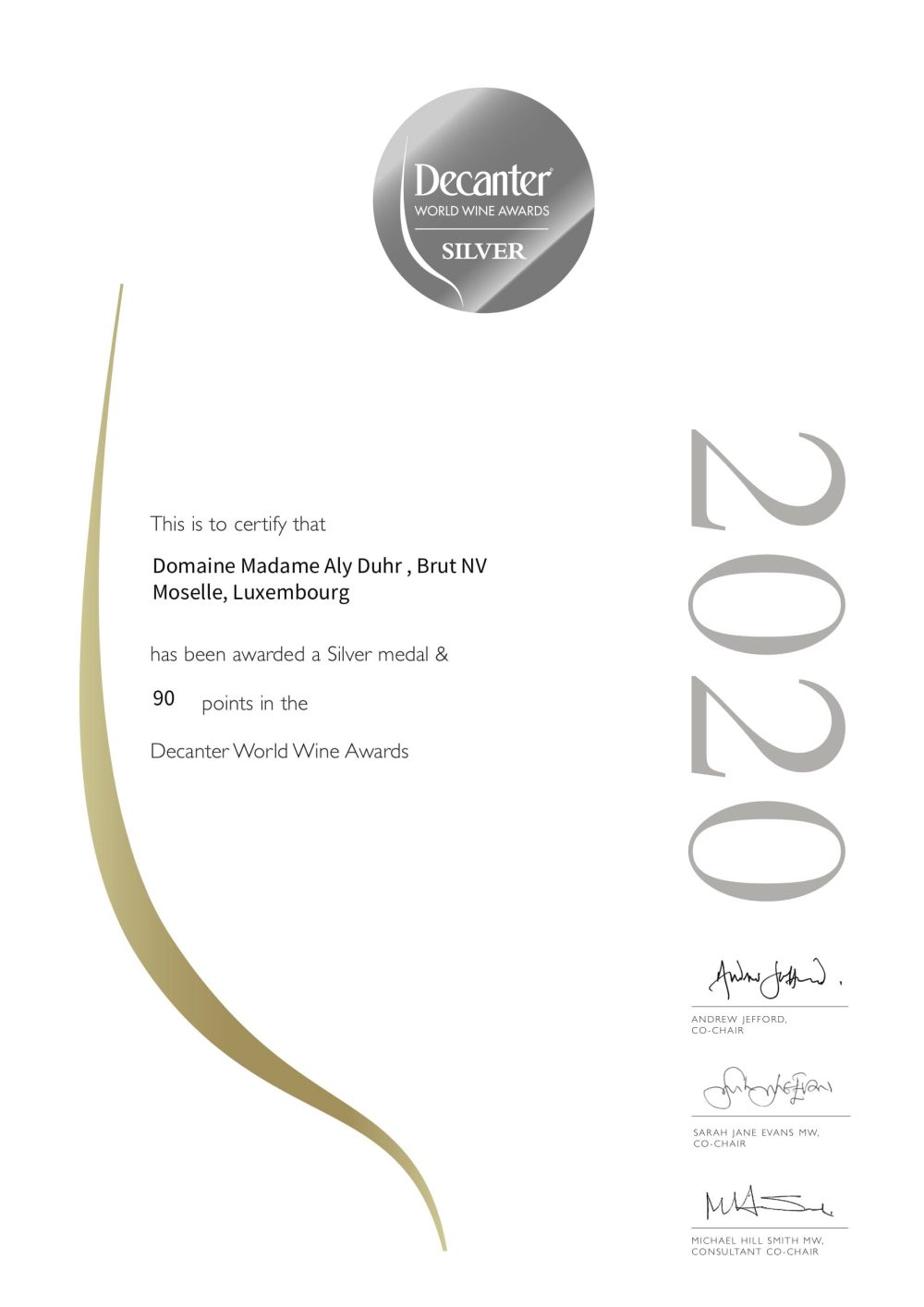 Domaine Madame Aly Duhr - - Zertifikat WINE108039 CEE LX DWWA2020