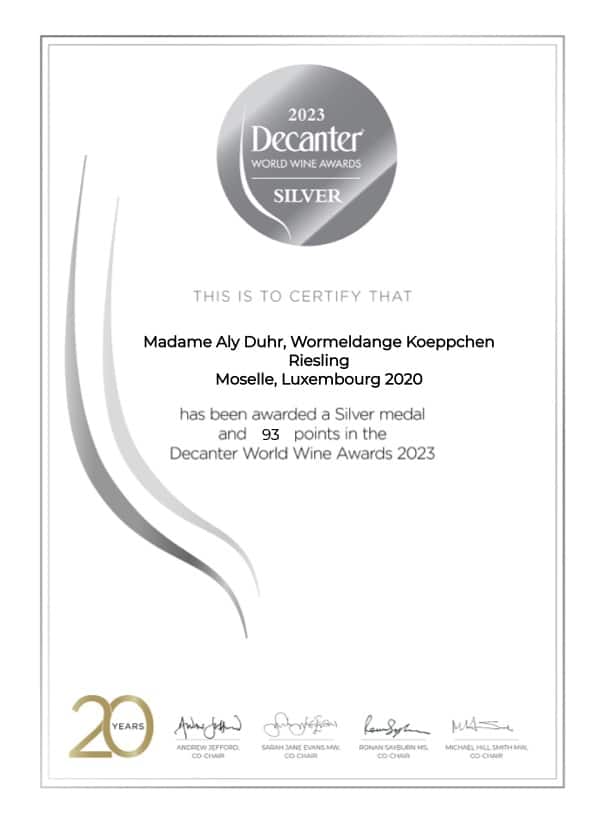 Domaine Madame Aly Duhr - - Certificate Deancter 2023 Riesling Koppchen 2020 silver